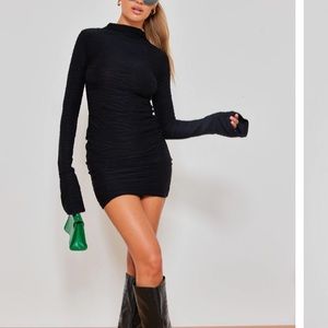 Prettylittlething Black Textured Flared Long Sleeve Bodycon Dress